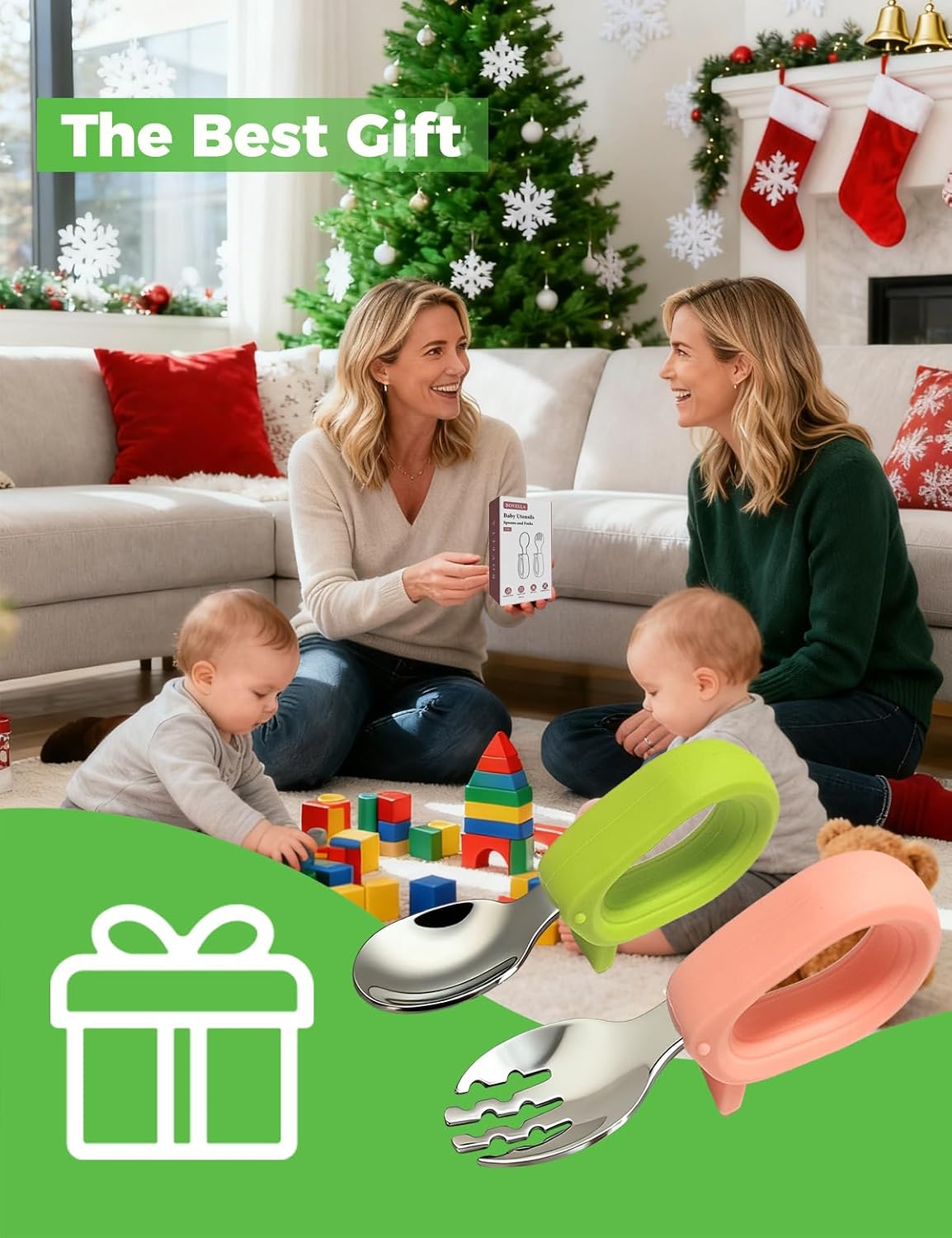 Toddler Utensils, Stainless Steel Baby Forks and Spoons Set with Silicone Handle, Kids Silverware with Portable Storage Case, Baby Feeding Essentials, Dishwasher Safe (Green+Pink)