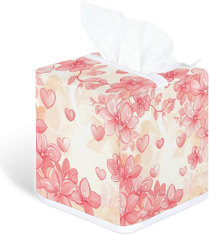 Flower Tissue Box Cover, Pink Peach Blossom Square Fabric Tissue Box Holder, Reusable Toilet Paper Dispenser for Bathroom Home Car Nightstand Storage Organizer 5" x 5" x 5.5"
