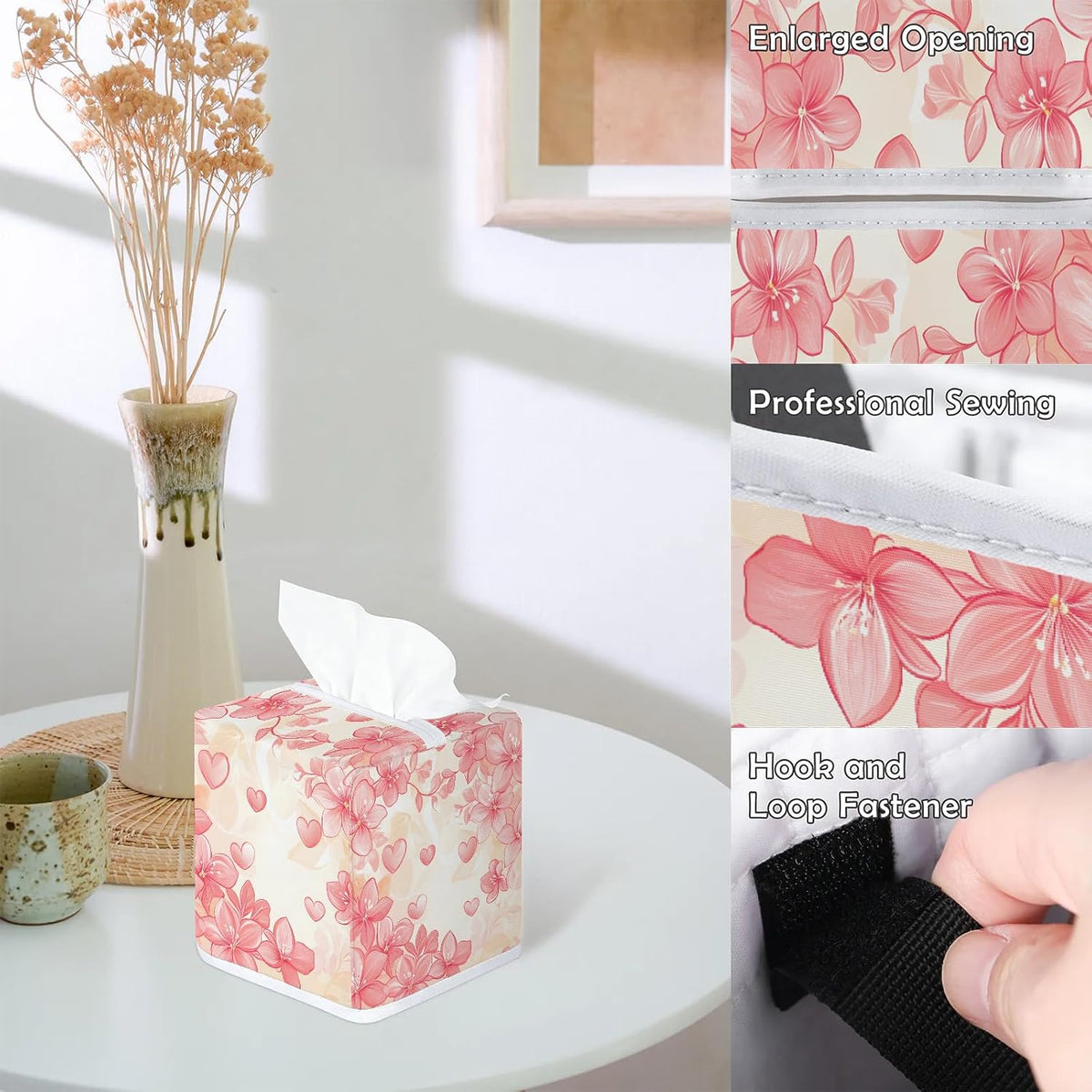 Flower Tissue Box Cover, Pink Peach Blossom Square Fabric Tissue Box Holder, Reusable Toilet Paper Dispenser for Bathroom Home Car Nightstand Storage Organizer 5" x 5" x 5.5"