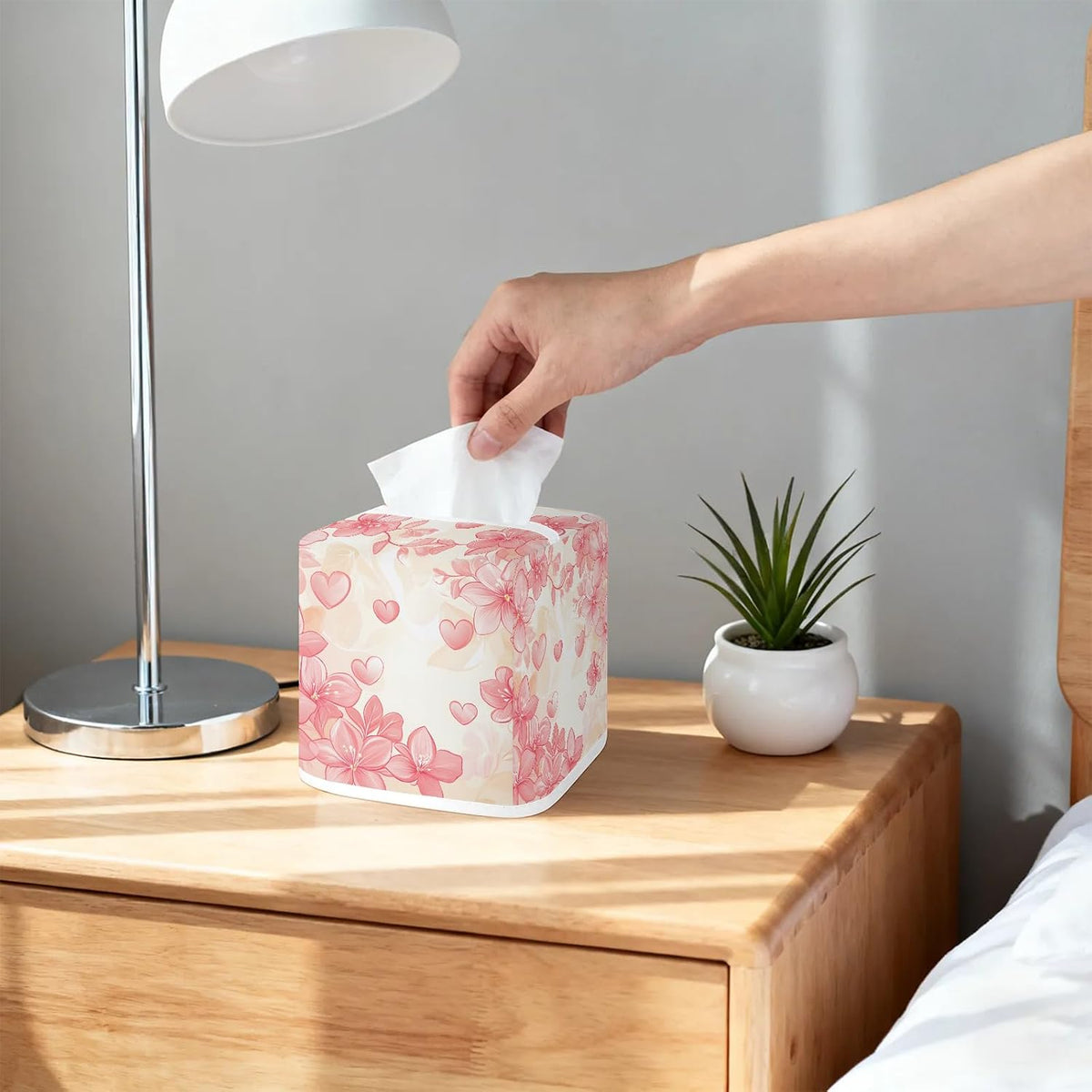Flower Tissue Box Cover, Pink Peach Blossom Square Fabric Tissue Box Holder, Reusable Toilet Paper Dispenser for Bathroom Home Car Nightstand Storage Organizer 5" x 5" x 5.5"