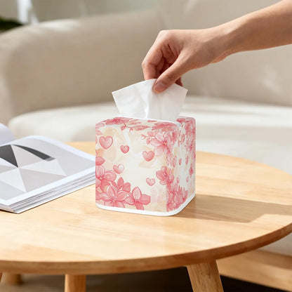 Flower Tissue Box Cover, Pink Peach Blossom Square Fabric Tissue Box Holder, Reusable Toilet Paper Dispenser for Bathroom Home Car Nightstand Storage Organizer 5" x 5" x 5.5"