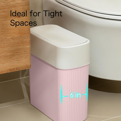Bathroom Trash Can with Lid, 12L Small Plastic Garbage Can for Kitchen with Press Top Lid, 3.2 Gallon Slim Dog Proof Wastebasket Trash Bin for Office, Bedroom, Living Room, Home Cabinet-Pink