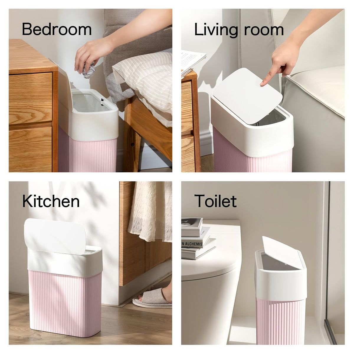 Bathroom Trash Can with Lid, 12L Small Plastic Garbage Can for Kitchen with Press Top Lid, 3.2 Gallon Slim Dog Proof Wastebasket Trash Bin for Office, Bedroom, Living Room, Home Cabinet-Pink