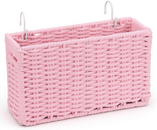 Cotton Rope Woven Bedside Caddy for Dorm Bed, Foldable Bedside Shelf Bunk Bed Accessories, College Dorm Room Essentials Hanging Organizers Storage Basket, Room Decor Magazine File Holder (Pink)