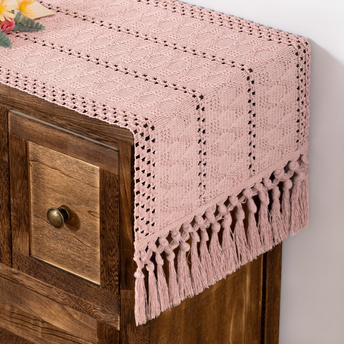 Boho Macrame Table Runner Pink Burlap Small Dresser Runner