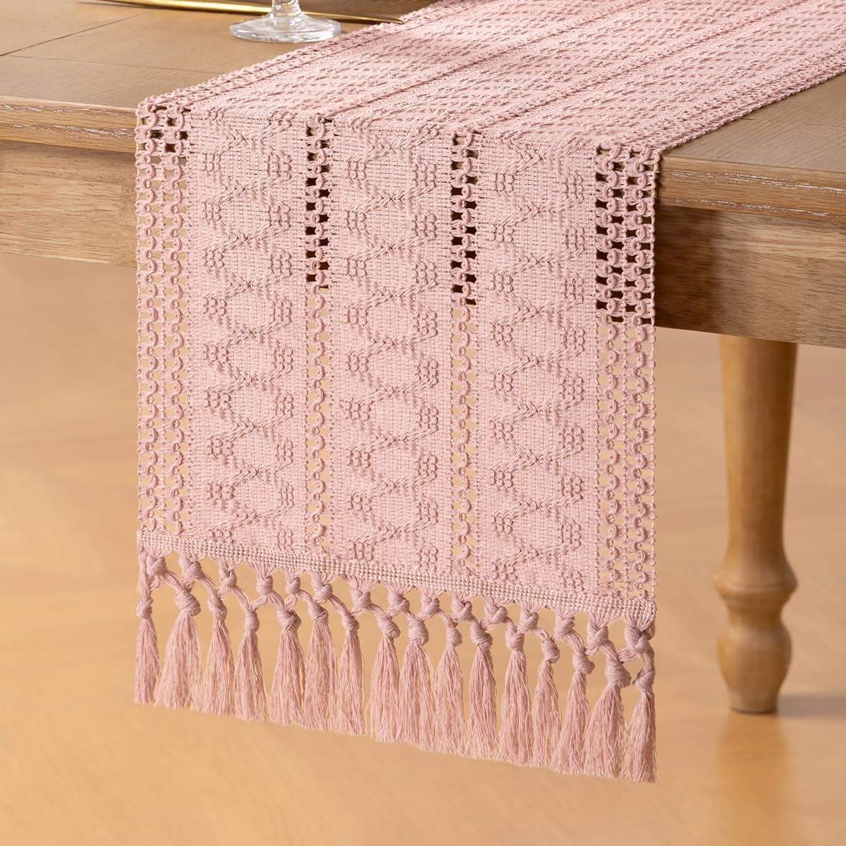 Boho Macrame Table Runner Pink Burlap Small Dresser Runner