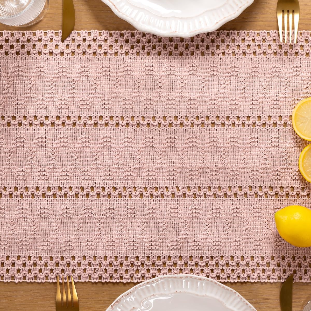 Boho Macrame Table Runner Pink Burlap Small Dresser Runner