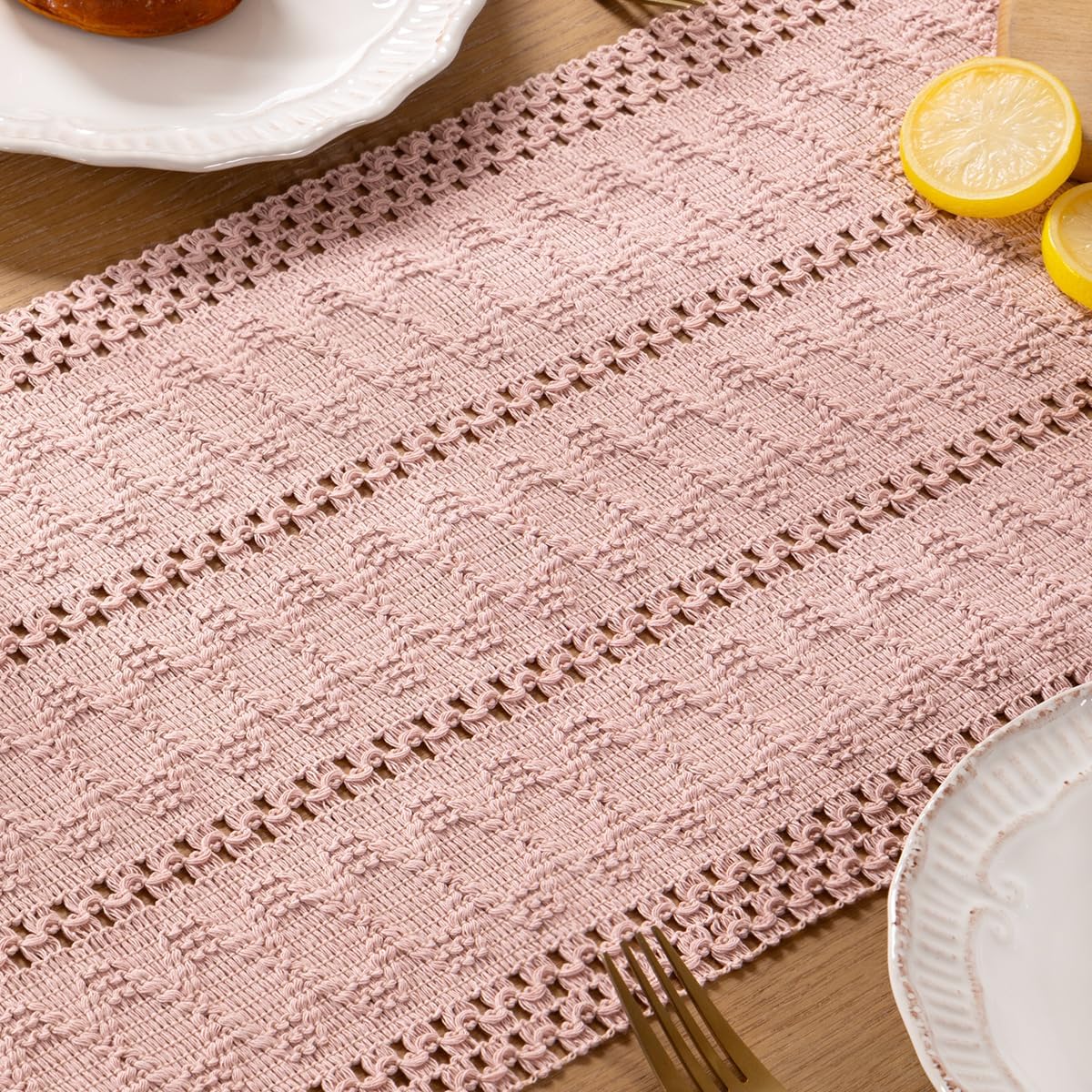 Boho Macrame Table Runner Pink Burlap Small Dresser Runner