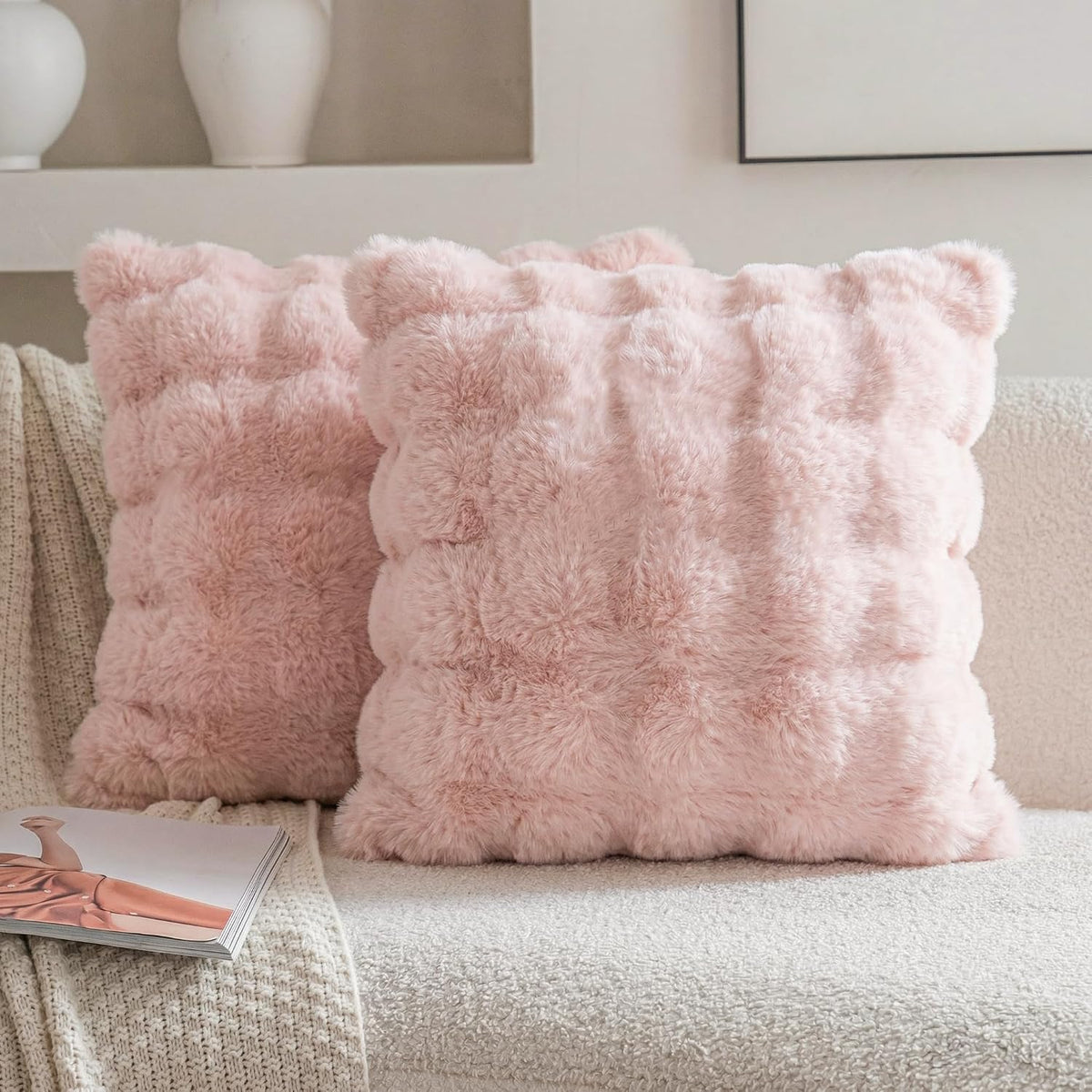 Pink Faux Fur Pillow Covers Set of 2, Luxury Soft Fluffy Throw Pillow Covers 18x18inch for Couch, Fuzzy Decorative Plaid Plush Cushion Cases for Living Room Sofa Bedroom Decor