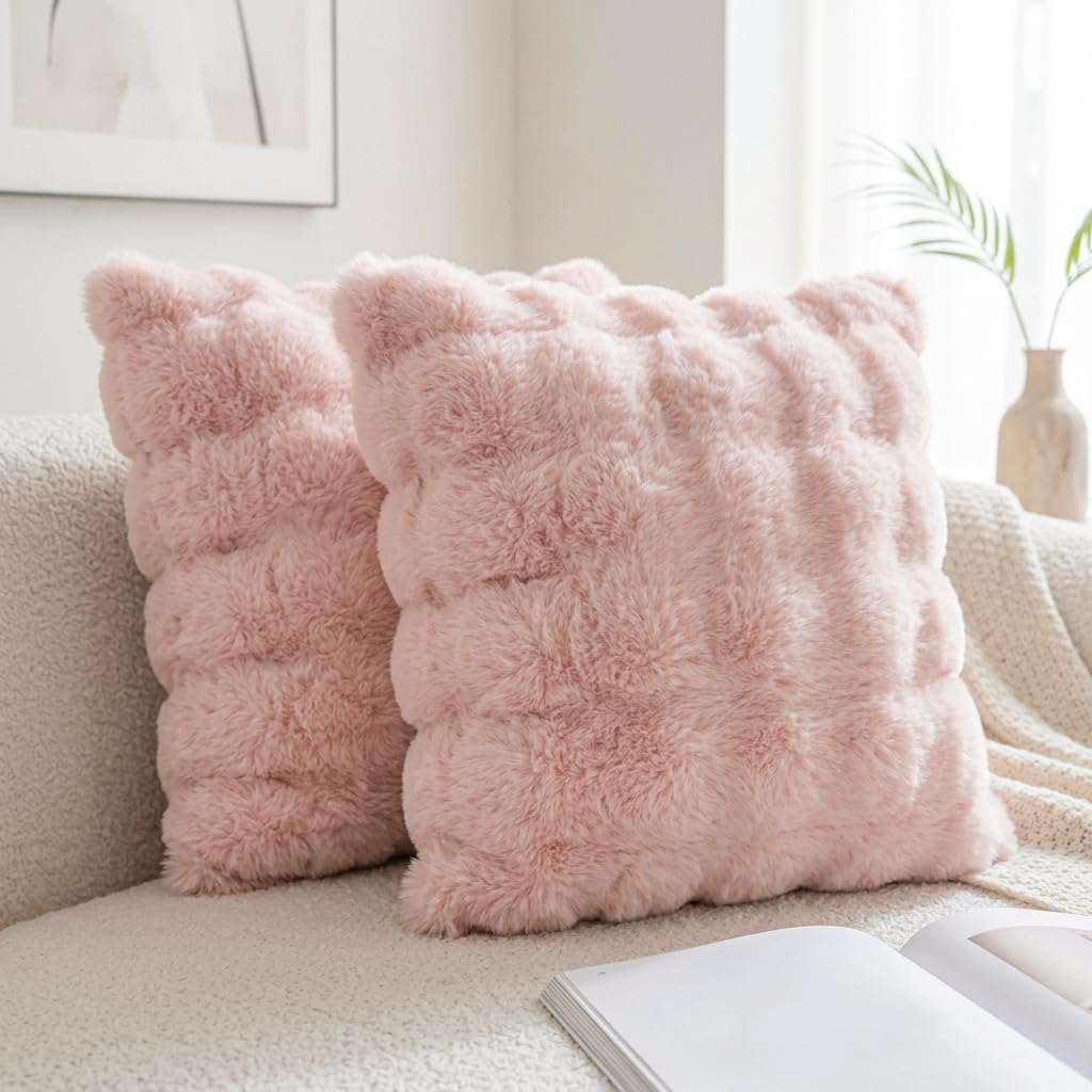 Pink Faux Fur Pillow Covers Set of 2, Luxury Soft Fluffy Throw Pillow Covers 18x18inch for Couch, Fuzzy Decorative Plaid Plush Cushion Cases for Living Room Sofa Bedroom Decor