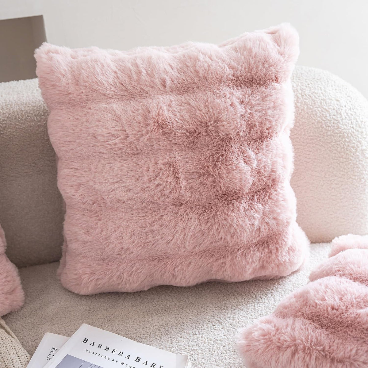 Pink Faux Fur Pillow Covers Set of 2, Luxury Soft Fluffy Throw Pillow Covers 18x18inch for Couch, Fuzzy Decorative Plaid Plush Cushion Cases for Living Room Sofa Bedroom Decor