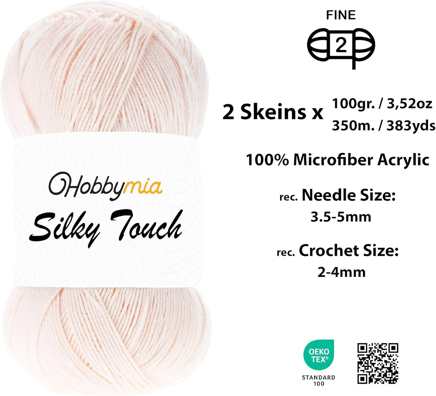 Silky Touch Acrylic Yarn - Soft Sport Weight Yarn for Crochet & Knitting - 100g / 383yds - 100% Microfiber Acrylic - Lightweight Fine Smooth Yarn(Pink - Light Peach, 2 Skeins)