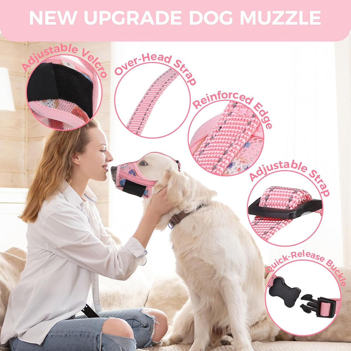 Dog Muzzle, Soft Muzzle Anti Biting Barking Chewing, Comfortable Air Mesh Mouth Guard Breathable Adjustable Loop Pets Muzzle for Small Medium Large Dogs, Allows Panting Drinking, Pink Donut S