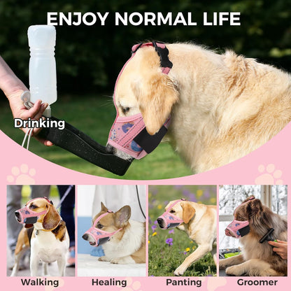 Dog Muzzle, Soft Muzzle Anti Biting Barking Chewing, Comfortable Air Mesh Mouth Guard Breathable Adjustable Loop Pets Muzzle for Small Medium Large Dogs, Allows Panting Drinking, Pink Donut S