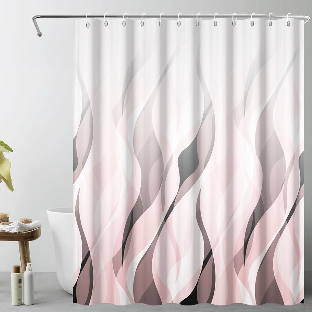 Pink Ombre Striped Shower Curtain for Bathroom Decor Pink Brown Abstract Ombre Geometric Waves Shower Curtain Modern Art Minimalist Bath Curtains Waterproof Shower Curtains Set,72x72inch