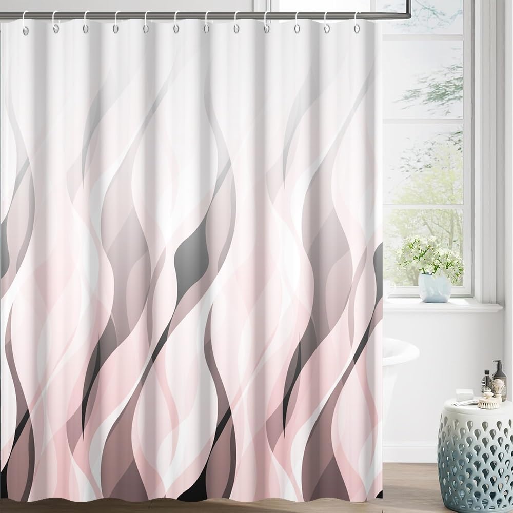 Pink Ombre Striped Shower Curtain for Bathroom Decor Pink Brown Abstract Ombre Geometric Waves Shower Curtain Modern Art Minimalist Bath Curtains Waterproof Shower Curtains Set,72x72inch