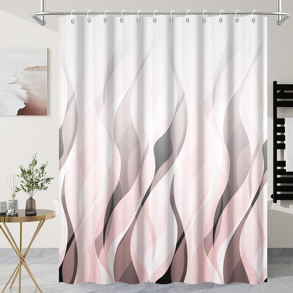 Pink Ombre Striped Shower Curtain for Bathroom Decor Pink Brown Abstract Ombre Geometric Waves Shower Curtain Modern Art Minimalist Bath Curtains Waterproof Shower Curtains Set,72x72inch