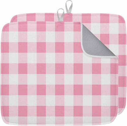 Dish Drying Mat Pink Buffalo Plaid Kitchen Counter Drying Pad for Dishes Glasses Cups and Cookware Spring Watercolor Check Stripe Absorbent Dish Drying Mat Kitchen Accessories 2 Pack 16" x 18"