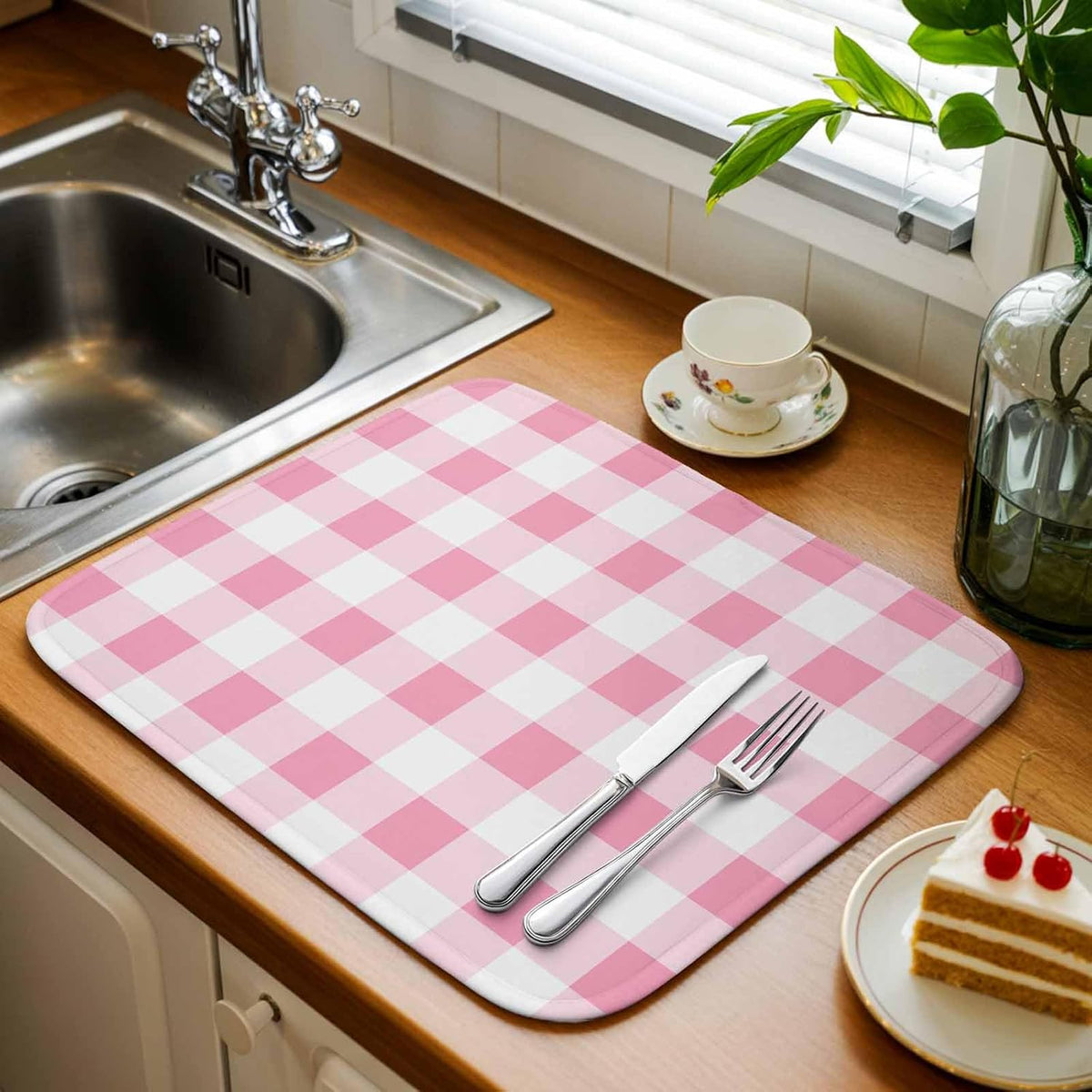 Dish Drying Mat Pink Buffalo Plaid Kitchen Counter Drying Pad for Dishes Glasses Cups and Cookware Spring Watercolor Check Stripe Absorbent Dish Drying Mat Kitchen Accessories 2 Pack 16" x 18"