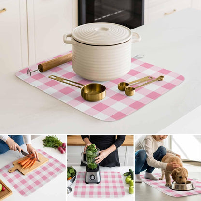 Dish Drying Mat Pink Buffalo Plaid Kitchen Counter Drying Pad for Dishes Glasses Cups and Cookware Spring Watercolor Check Stripe Absorbent Dish Drying Mat Kitchen Accessories 2 Pack 16" x 18"