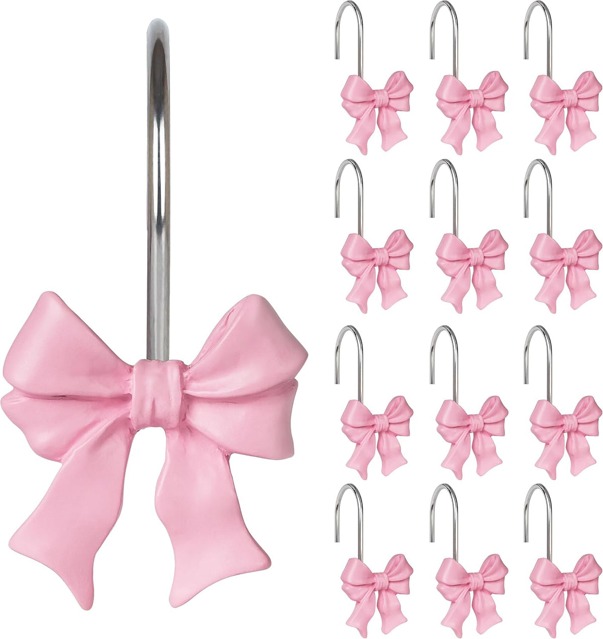Pink Bow Shower Curtain Hooks, Ribbon Bow Curtain Rings Set of 12