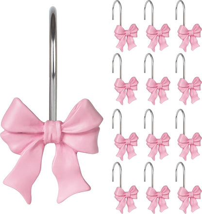 Pink Bow Shower Curtain Hooks, Ribbon Bow Curtain Rings Set of 12