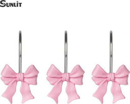Pink Bow Shower Curtain Hooks, Ribbon Bow Curtain Rings Set of 12