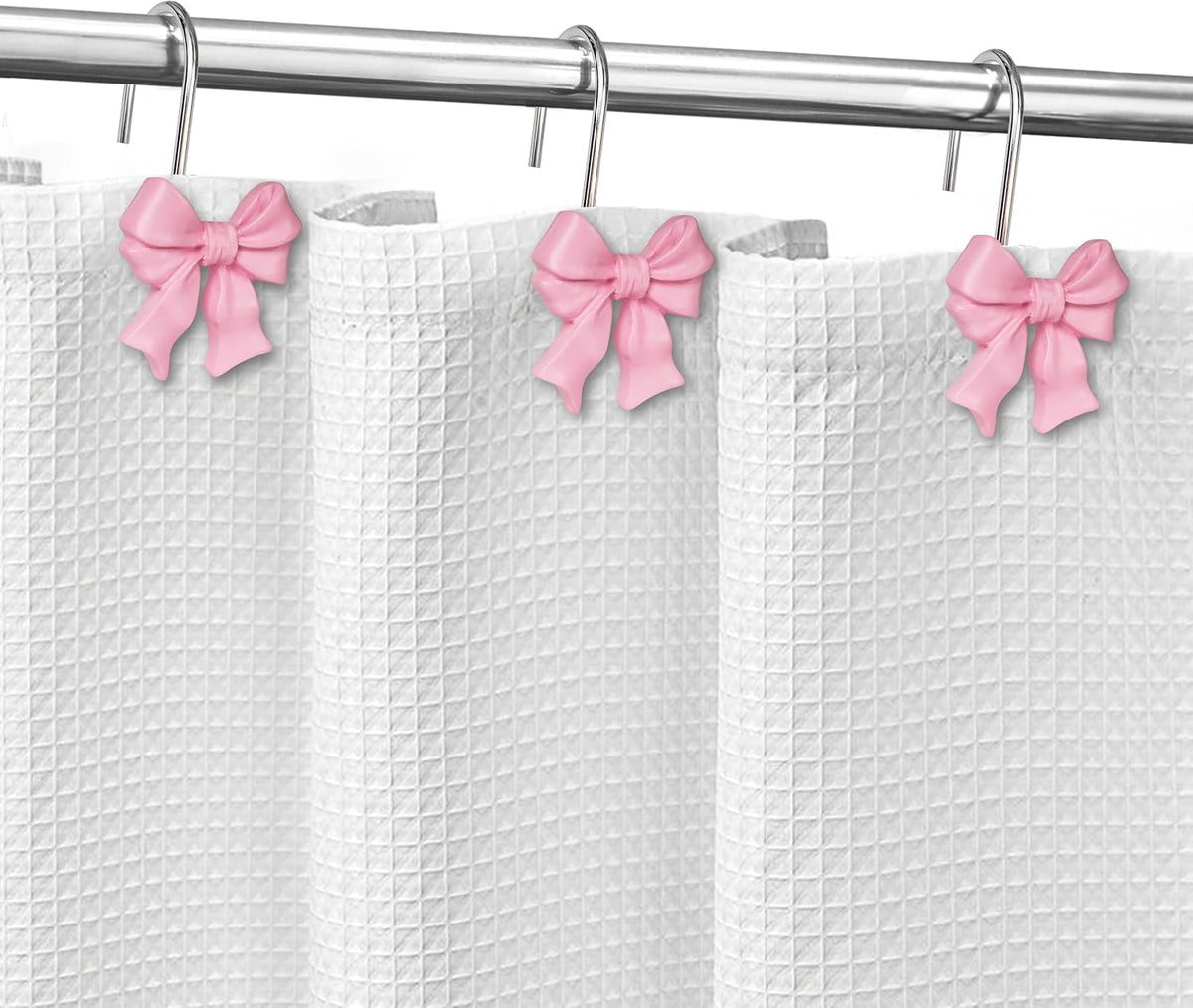 Pink Bow Shower Curtain Hooks, Ribbon Bow Curtain Rings Set of 12