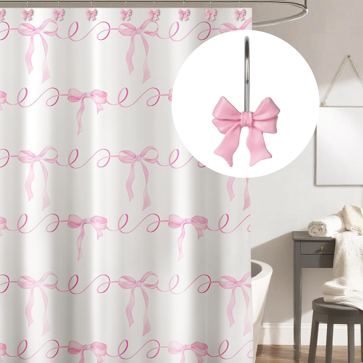 Pink Bow Shower Curtain Hooks, Ribbon Bow Curtain Rings Set of 12