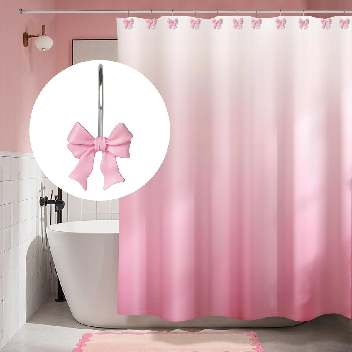 Pink Bow Shower Curtain Hooks, Ribbon Bow Curtain Rings Set of 12