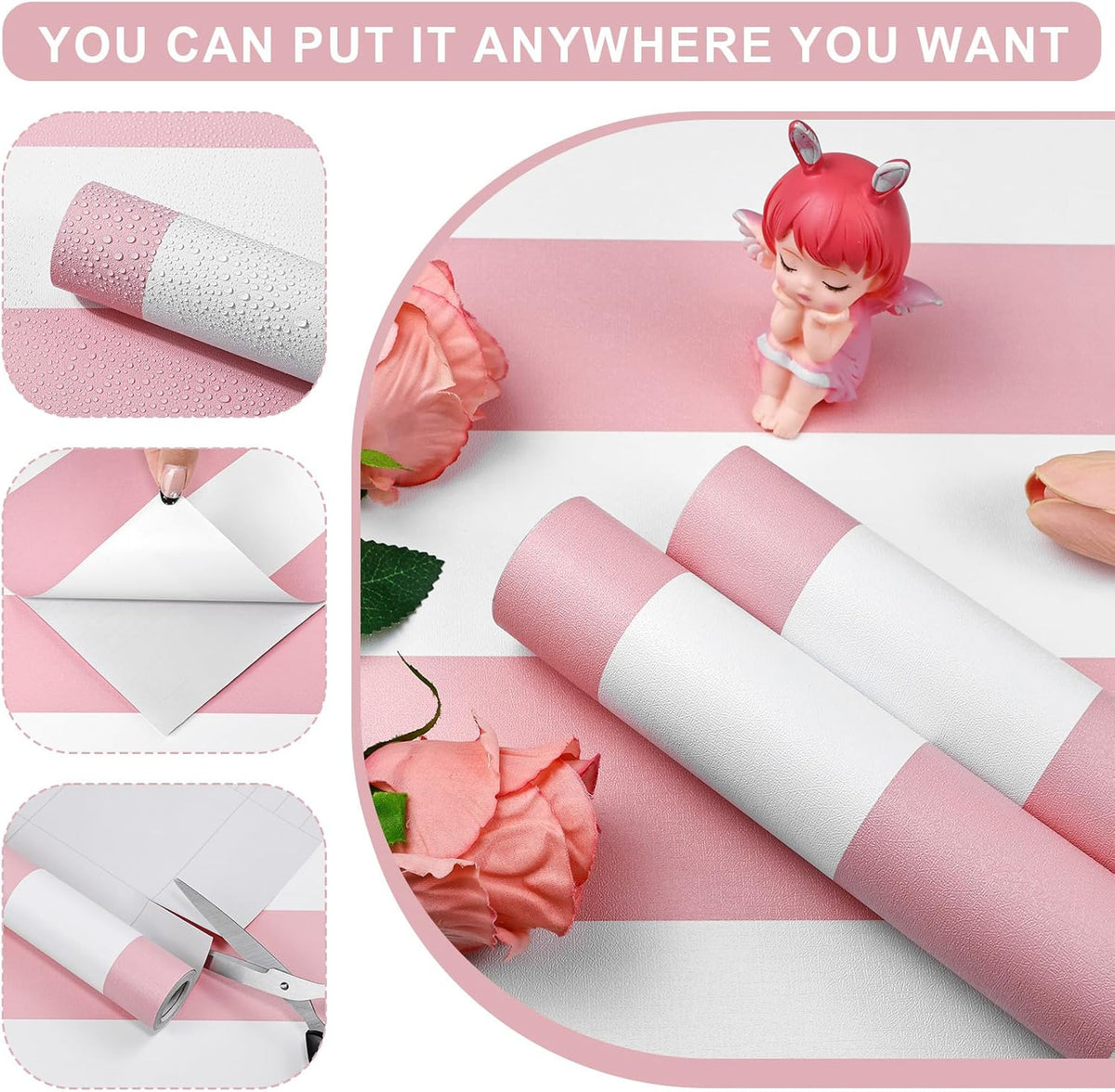 Pink and White Striped Peel and Stick Wallpaper 17.3"x80"