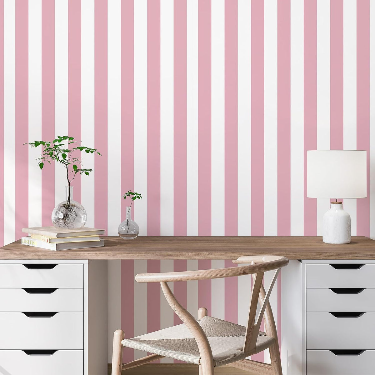 Pink and White Striped Peel and Stick Wallpaper 17.3"x80"