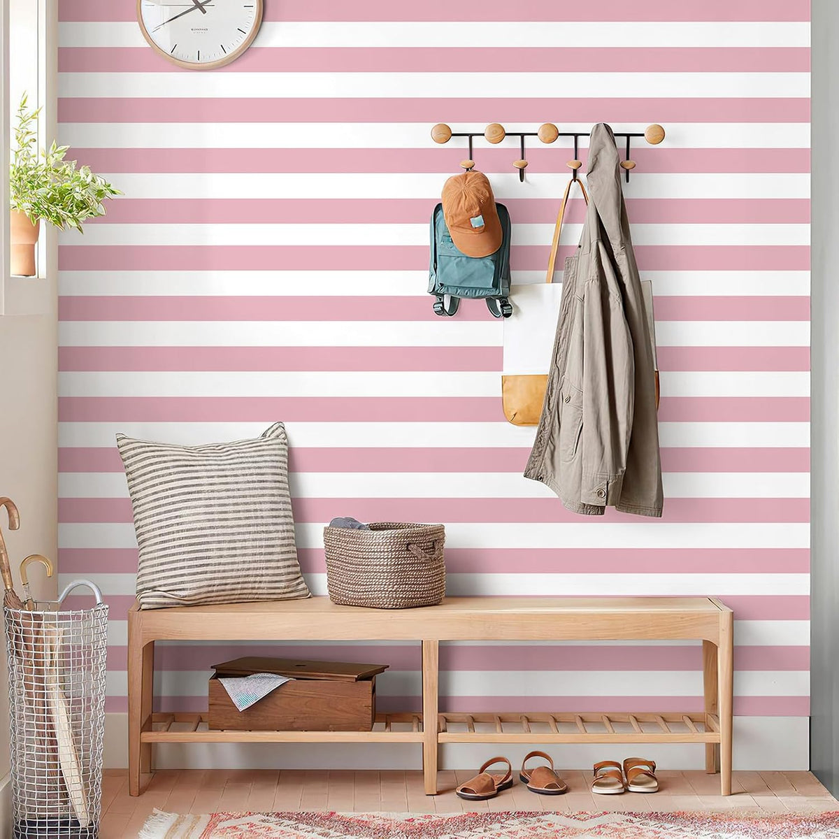 Pink and White Striped Peel and Stick Wallpaper 17.3"x80"
