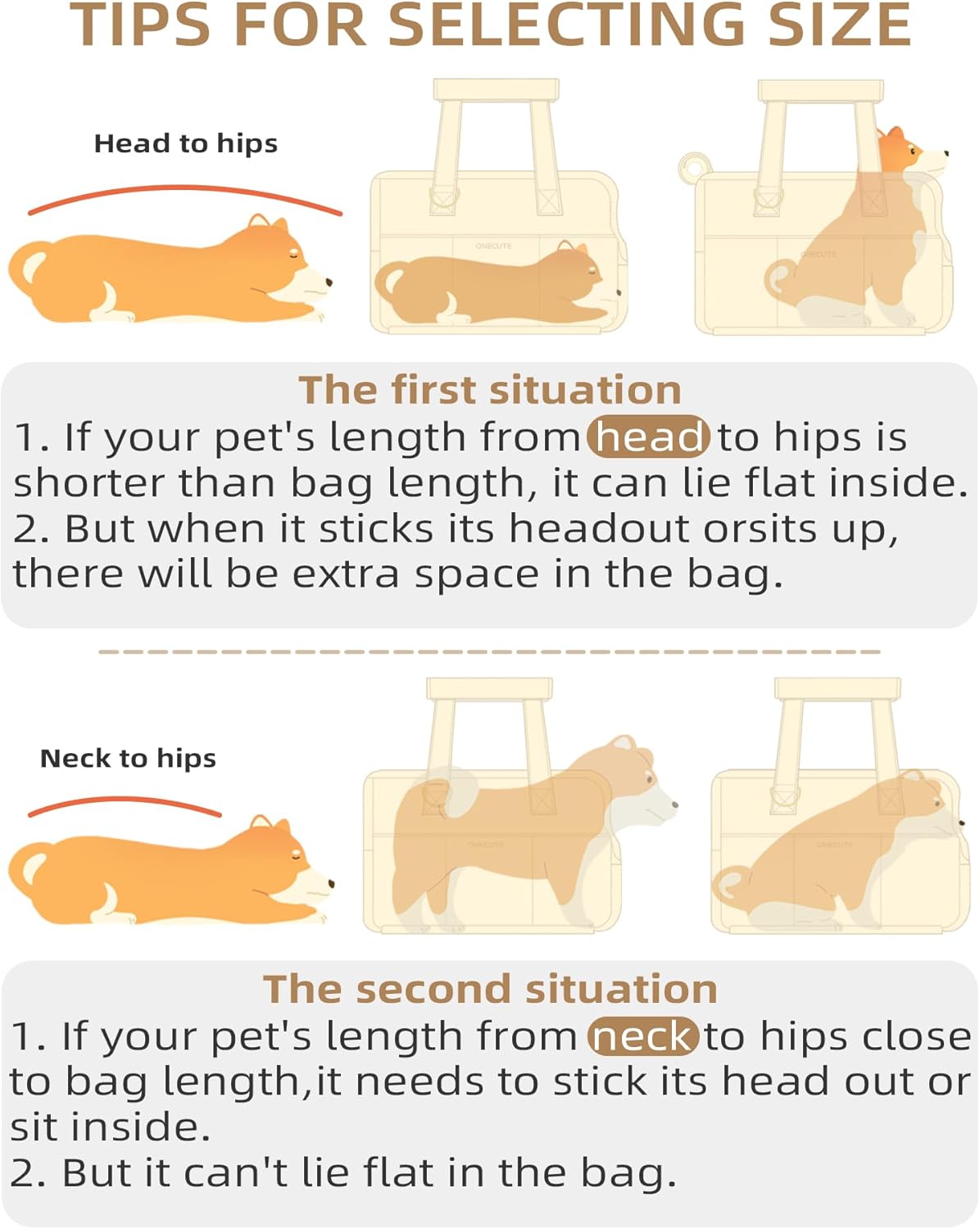 ONECUTE Dog Purse Carrier for Small Dogs Rabbit cat with Large Pockets, Cotton Bag, Dog Carrier Soft Sided, Collapsible Travel Puppy Carrier (Grey, 13.6" L x 6.5" W x 10" H)