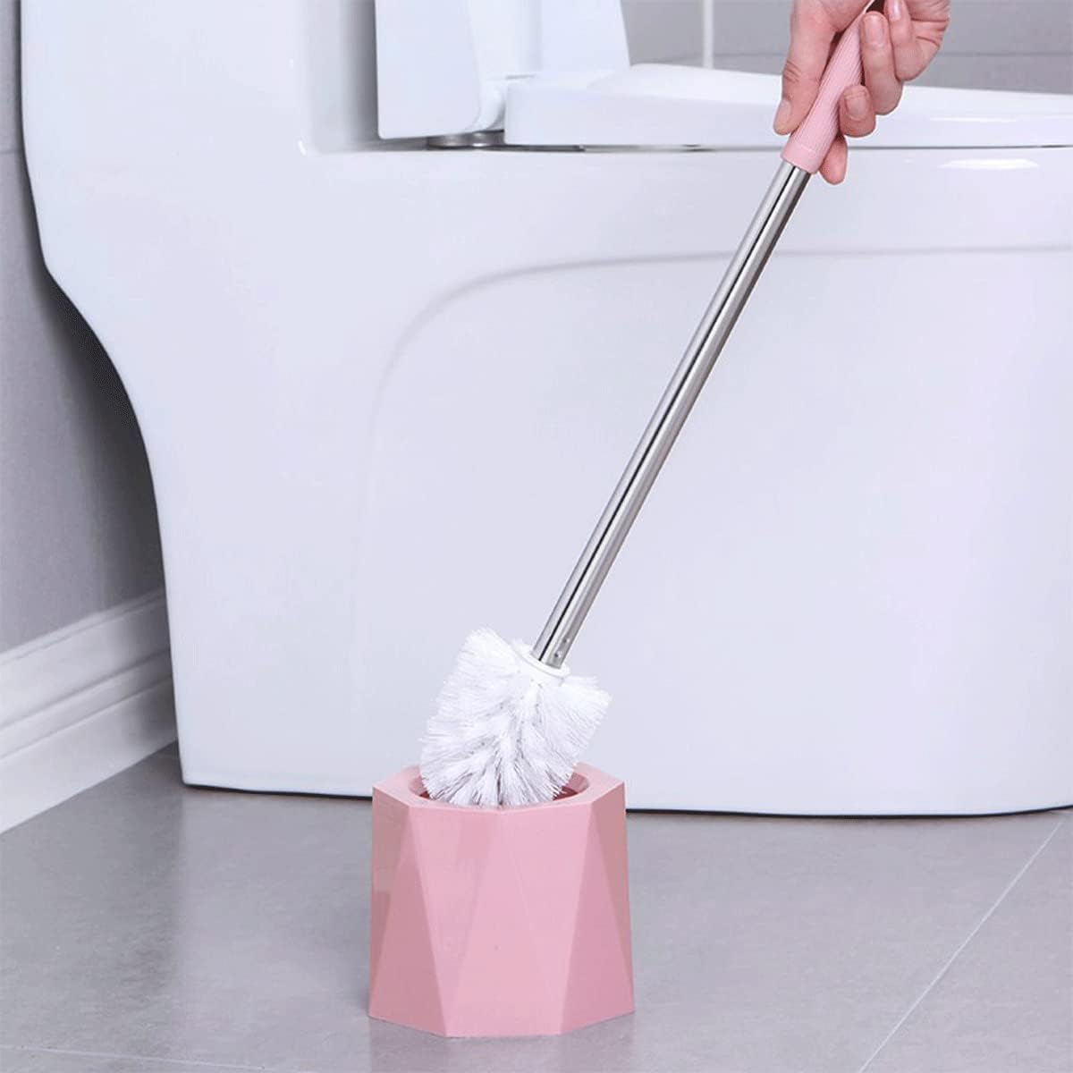 Toilet Brush with Holder Set, Toilet Brush Holder, Stainless Steel Handle Toilet Scrubber Brush with Strong Bristles for Bathroom Toilet Easy Cleaning (Pink)