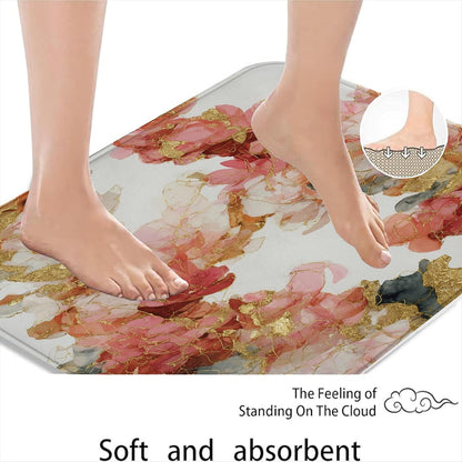 Floral Aesthetic Quick Dry Bath Mat, Elegant Peach Peony Design Absorbent Non Slip Shower Mat, Spring Decorative Memory Foam Washable Rugs for Bathroom Toilet Restroom 20x32 Inch