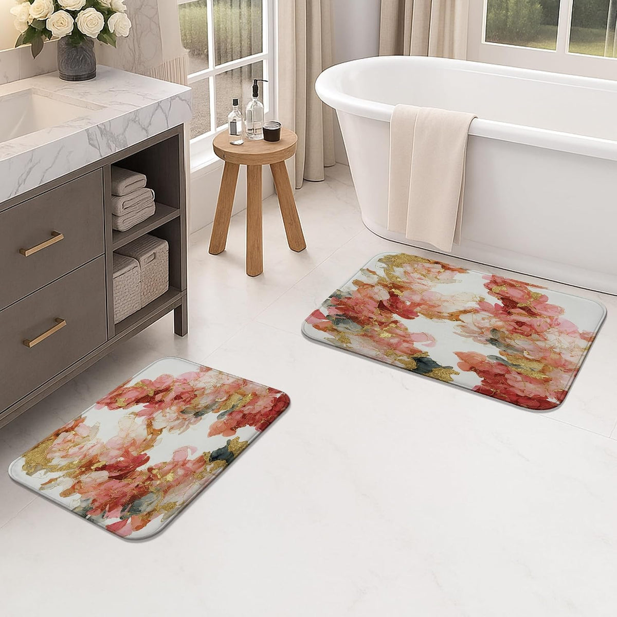 Floral Aesthetic Quick Dry Bath Mat, Elegant Peach Peony Design Absorbent Non Slip Shower Mat, Spring Decorative Memory Foam Washable Rugs for Bathroom Toilet Restroom 20x32 Inch