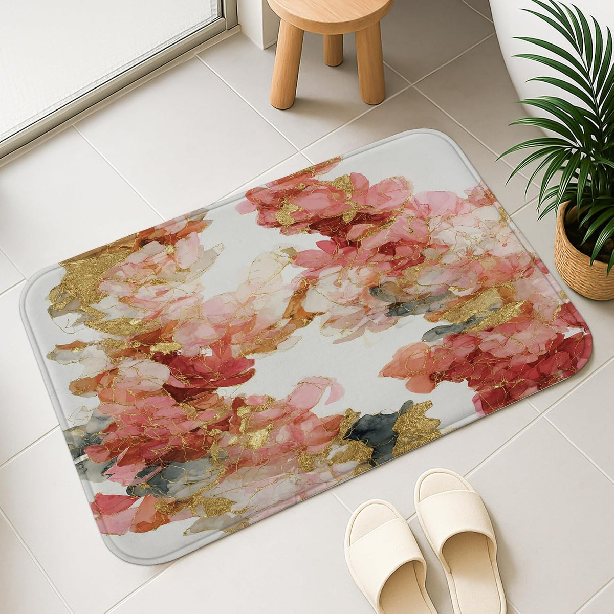 Floral Aesthetic Quick Dry Bath Mat, Elegant Peach Peony Design Absorbent Non Slip Shower Mat, Spring Decorative Memory Foam Washable Rugs for Bathroom Toilet Restroom 20x32 Inch