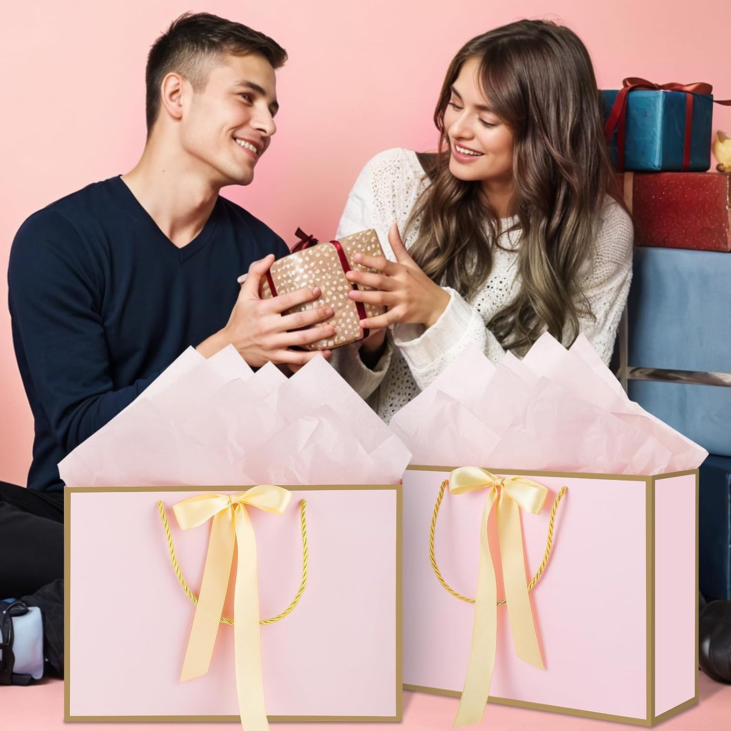 woric Pink Gift Bags with Handles, 14" Medium Gift Bags with Tissue Paper, 2 Pcs Pink Bags with 4 Tissue Paper and 2 Cards for Baby Shower Wedding Bridal Shower Birthday Party