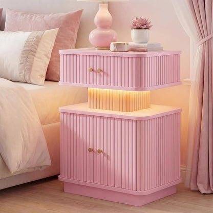 Nightstand with Charging Station, Modern Night Stand with Smart Led Light and 2 Small Sliding Door Cabinets, Curvy Edge, Bedside Table for Bedroom, Pink