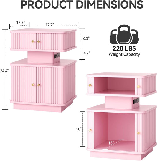 Nightstand with Charging Station, Modern Night Stand with Smart Led Light and 2 Small Sliding Door Cabinets, Curvy Edge, Bedside Table for Bedroom, Pink