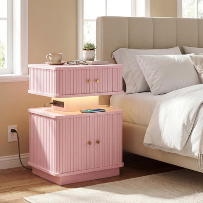 Nightstand with Charging Station, Modern Night Stand with Smart Led Light and 2 Small Sliding Door Cabinets, Curvy Edge, Bedside Table for Bedroom, Pink