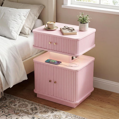 Nightstand with Charging Station, Modern Night Stand with Smart Led Light and 2 Small Sliding Door Cabinets, Curvy Edge, Bedside Table for Bedroom, Pink