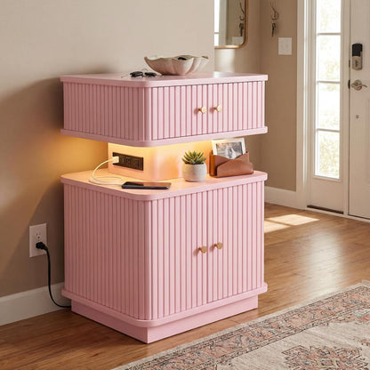 Nightstand with Charging Station, Modern Night Stand with Smart Led Light and 2 Small Sliding Door Cabinets, Curvy Edge, Bedside Table for Bedroom, Pink