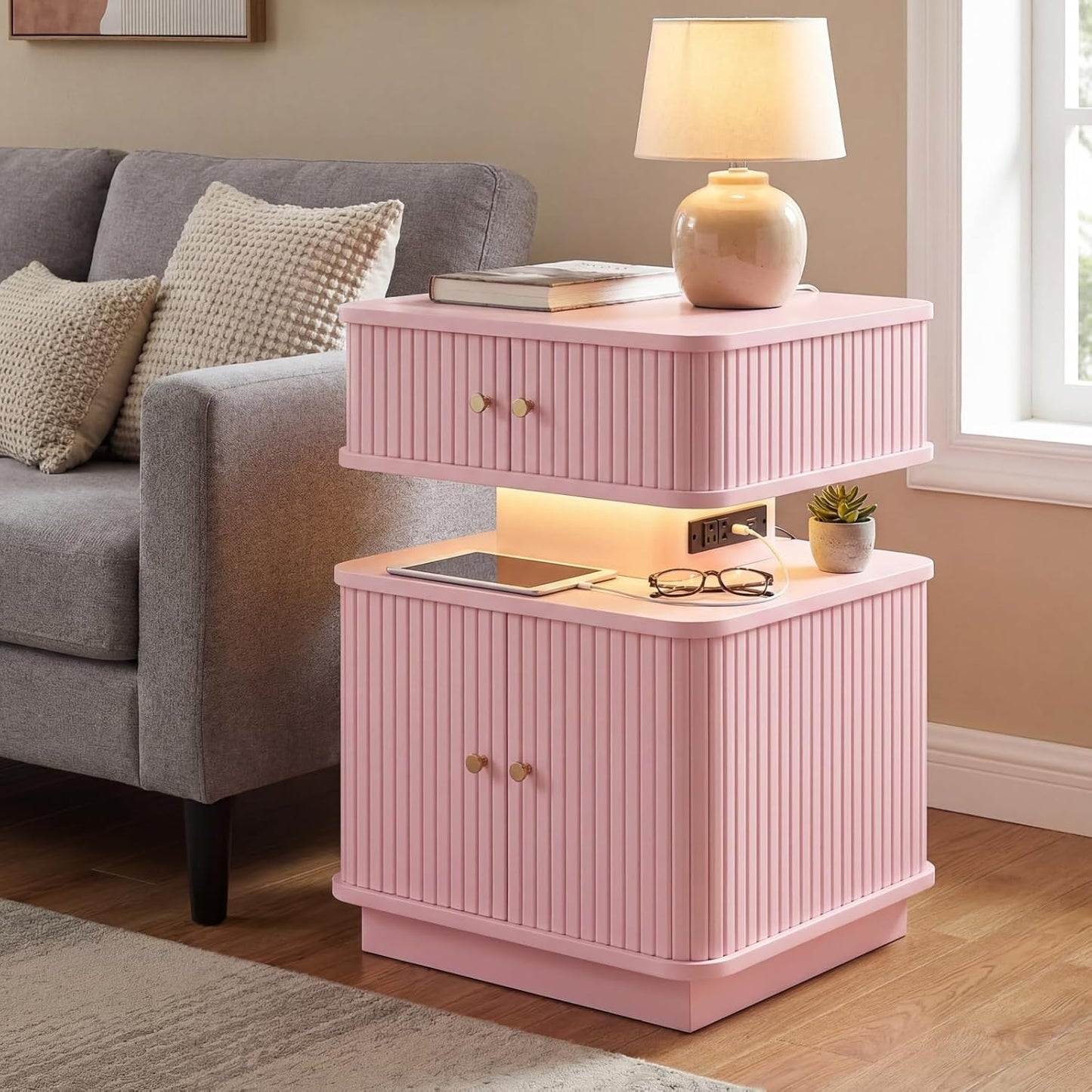Nightstand with Charging Station, Modern Night Stand with Smart Led Light and 2 Small Sliding Door Cabinets, Curvy Edge, Bedside Table for Bedroom, Pink