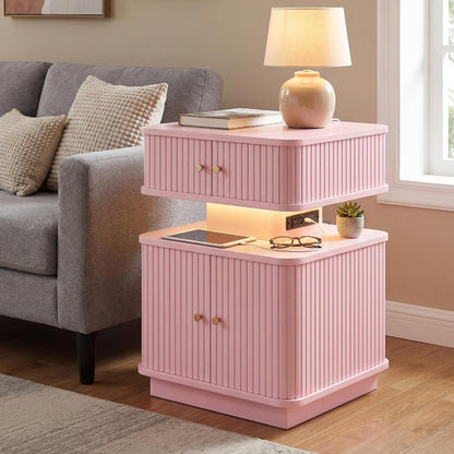 Nightstand with Charging Station, Modern Night Stand with Smart Led Light and 2 Small Sliding Door Cabinets, Curvy Edge, Bedside Table for Bedroom, Pink