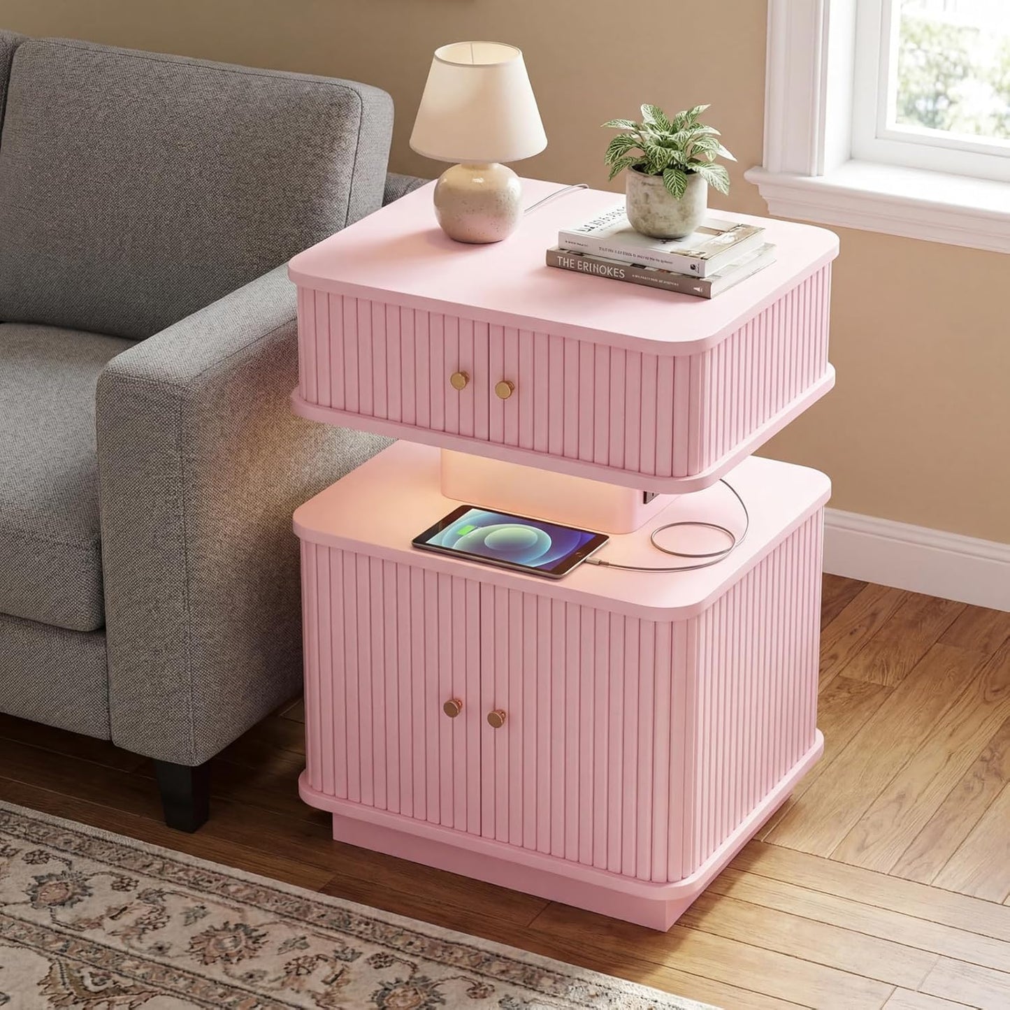 Nightstand with Charging Station, Modern Night Stand with Smart Led Light and 2 Small Sliding Door Cabinets, Curvy Edge, Bedside Table for Bedroom, Pink