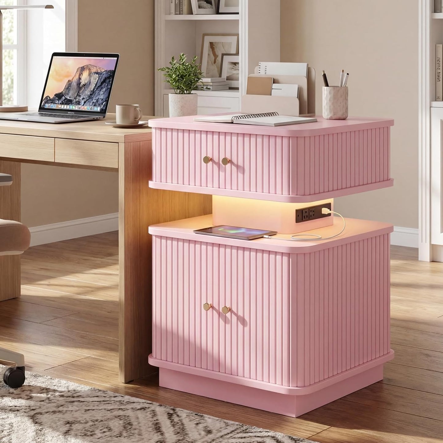 Nightstand with Charging Station, Modern Night Stand with Smart Led Light and 2 Small Sliding Door Cabinets, Curvy Edge, Bedside Table for Bedroom, Pink