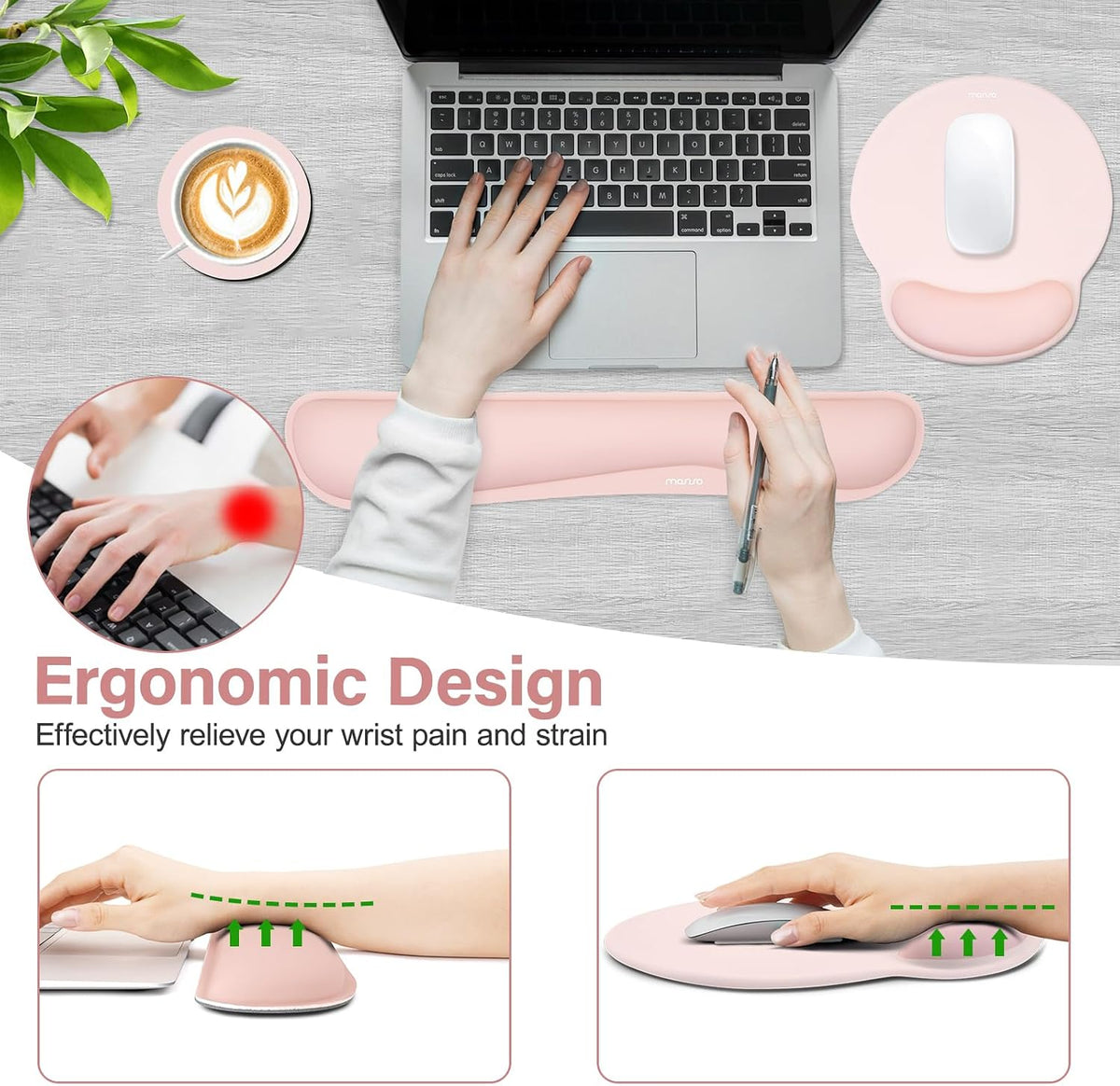 Wrist Rest Support for Mouse Pad&Keyboard Set, Chalk Pink