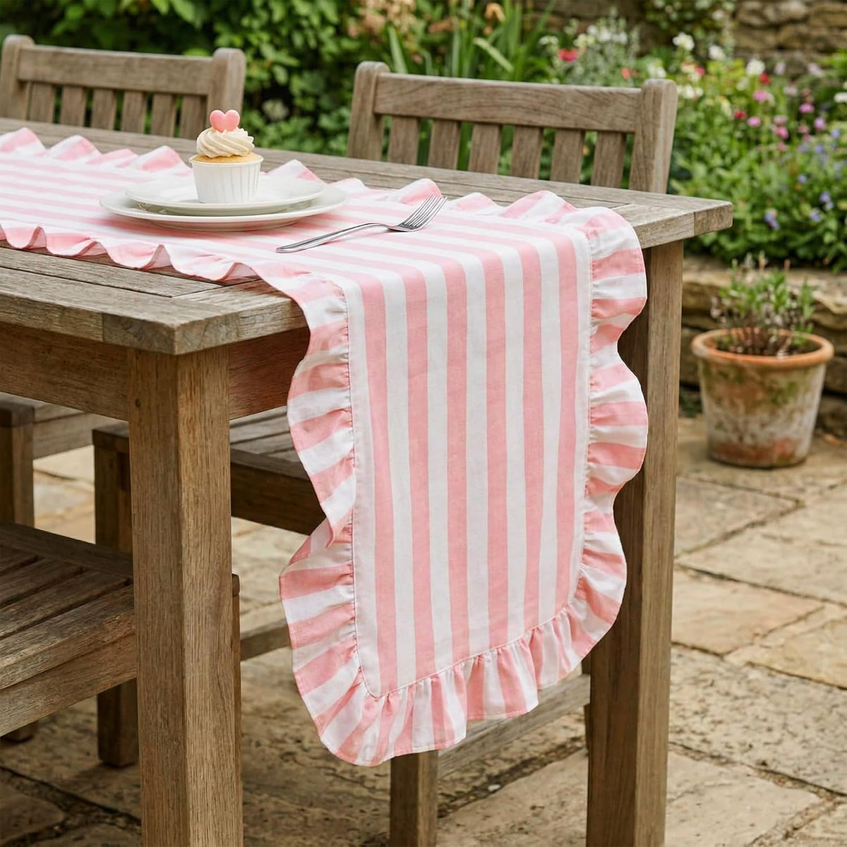 Pink and White Stripe Ruffle Table Runner, 100% Cotton 13"x72"